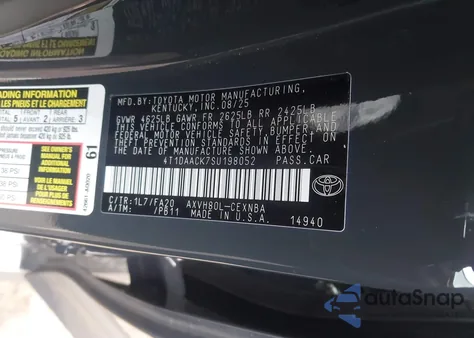 2025 Toyota Camry Le from USA, damaged, VIN 4T1DAACK7SU198052